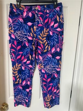 Lilly Pulitzer Blue Floral Print Capri Leggings - Pink & Gold Accents